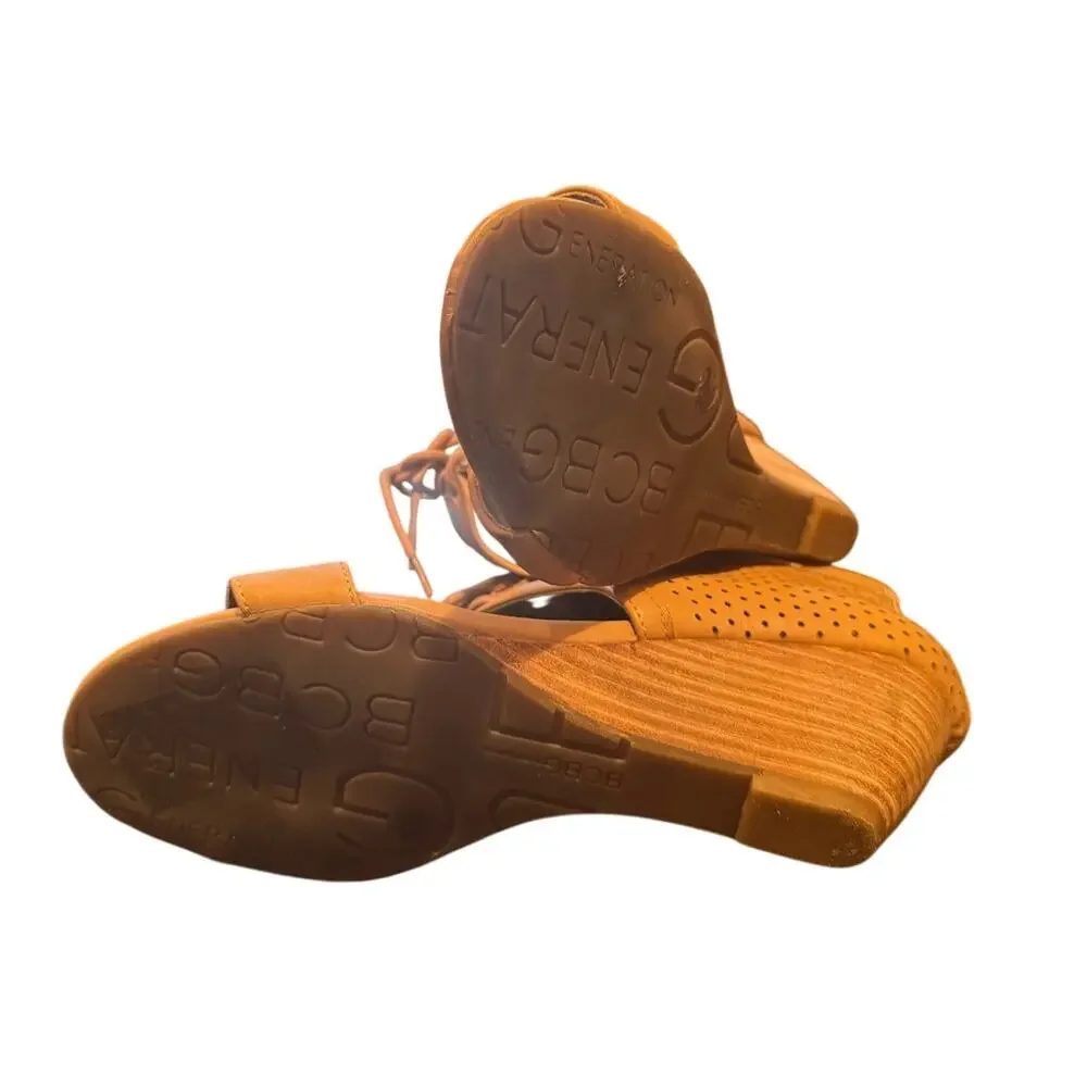 BCBGeneration Size 7 Tan Leather Lace Up Back Zipper Wedge Sandals